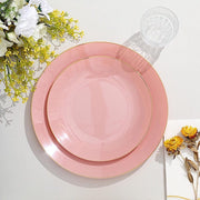 10 Glossy Round Plastic Salad and Dinner Plates with Gold Rim - Disposable Tableware