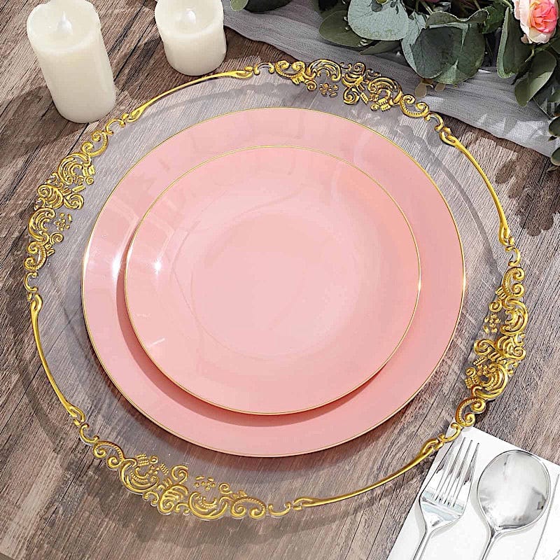 10 Glossy Round Plastic Salad and Dinner Plates with Gold Rim - Disposable Tableware