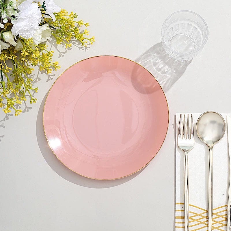 10 Glossy Round Plastic Salad and Dinner Plates with Gold Rim - Disposable Tableware