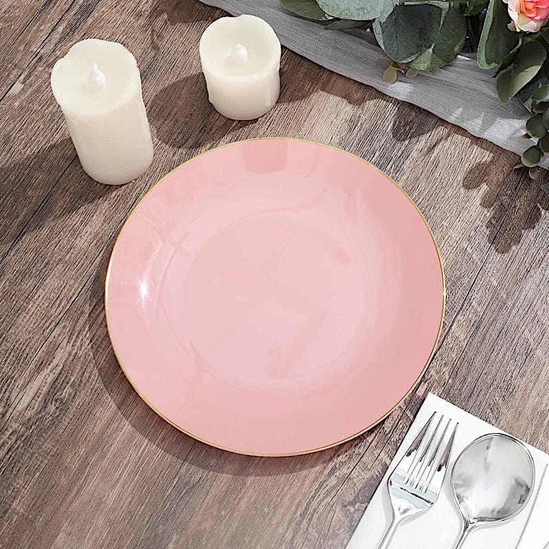 10 Glossy Round Plastic Salad and Dinner Plates with Gold Rim - Disposable Tableware
