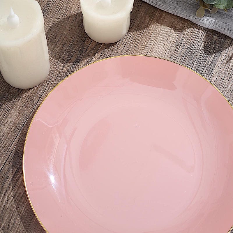 10 Glossy Round Plastic Salad and Dinner Plates with Gold Rim - Disposable Tableware