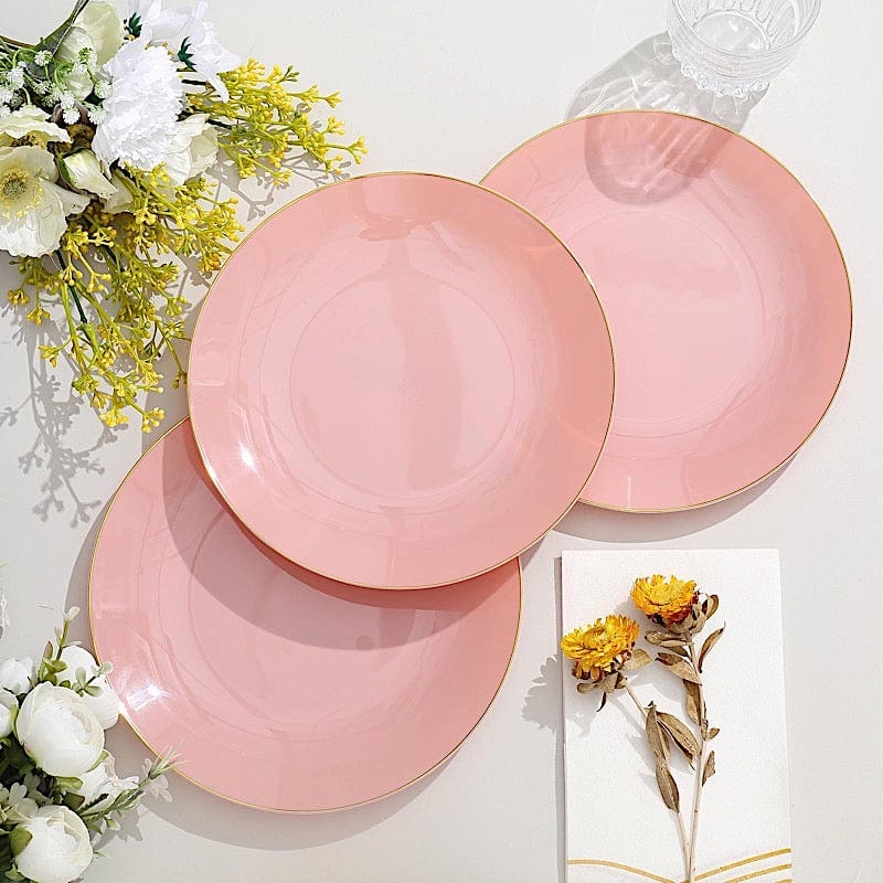 10 Glossy Round Plastic Salad and Dinner Plates with Gold Rim - Disposable Tableware