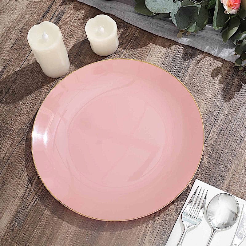 10 Glossy Round Plastic Salad and Dinner Plates with Gold Rim - Disposable Tableware