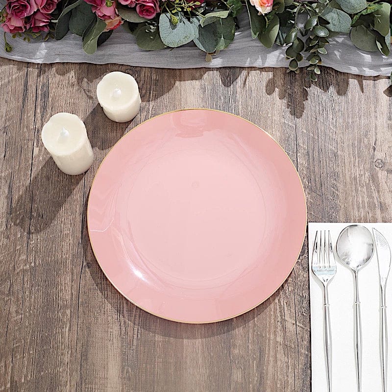 10 Glossy Round Plastic Salad and Dinner Plates with Gold Rim - Disposable Tableware
