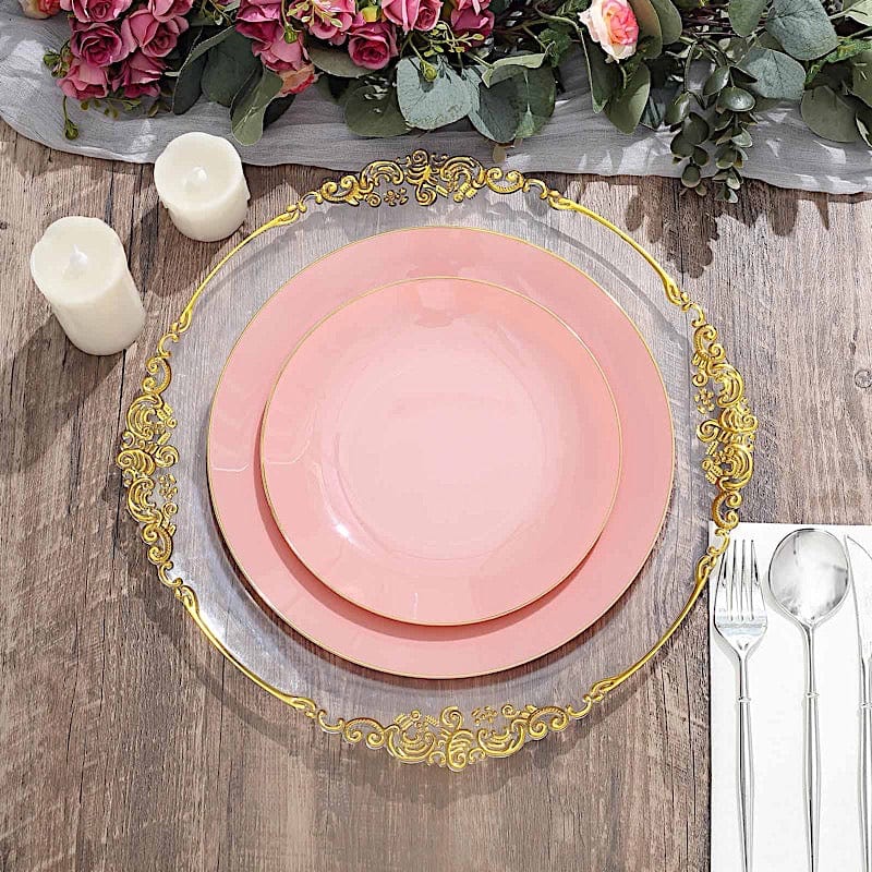 10 Glossy Round Plastic Salad and Dinner Plates with Gold Rim - Disposable Tableware