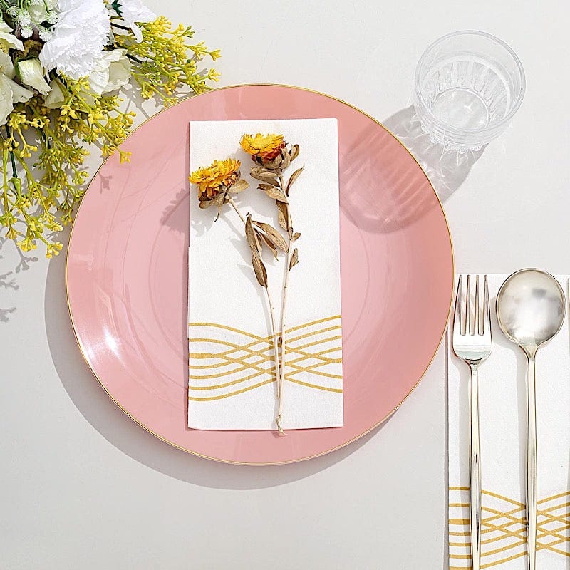 10 Glossy Round Plastic Salad and Dinner Plates with Gold Rim - Disposable Tableware