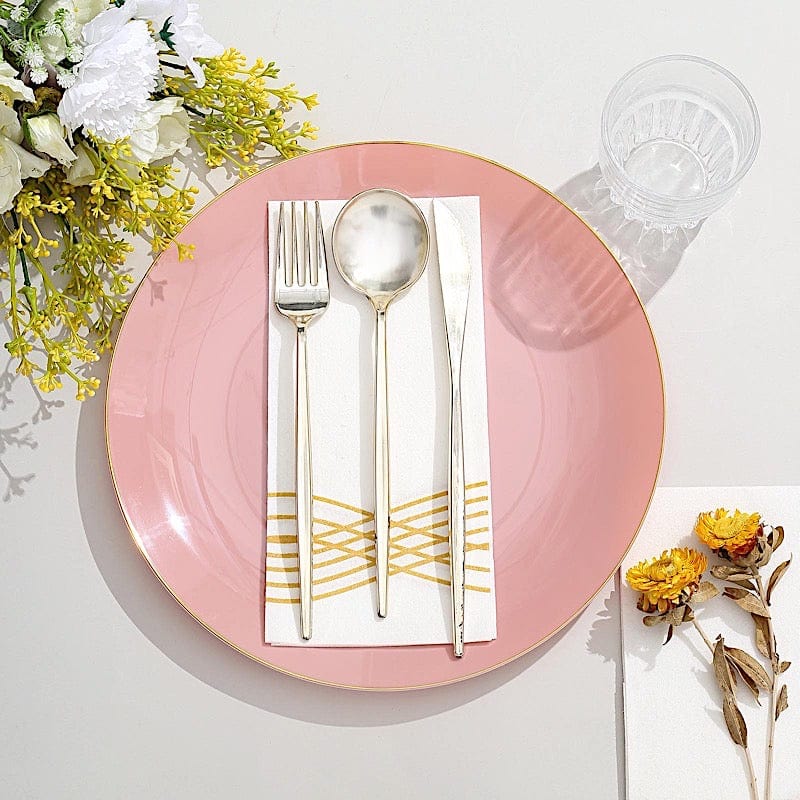 10 Glossy Round Plastic Salad and Dinner Plates with Gold Rim - Disposable Tableware