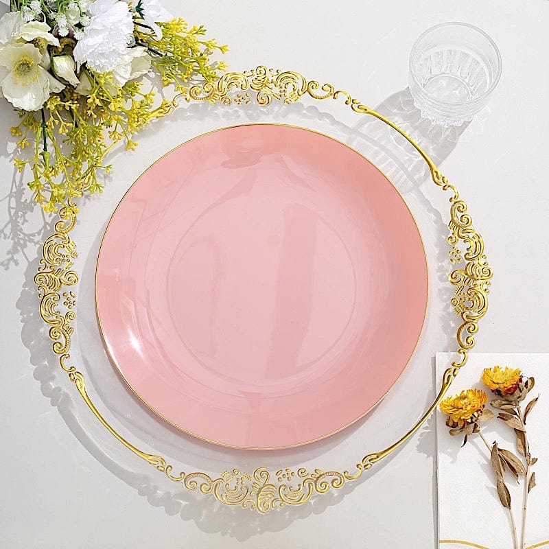 10 Glossy Round Plastic Salad and Dinner Plates with Gold Rim - Disposable Tableware