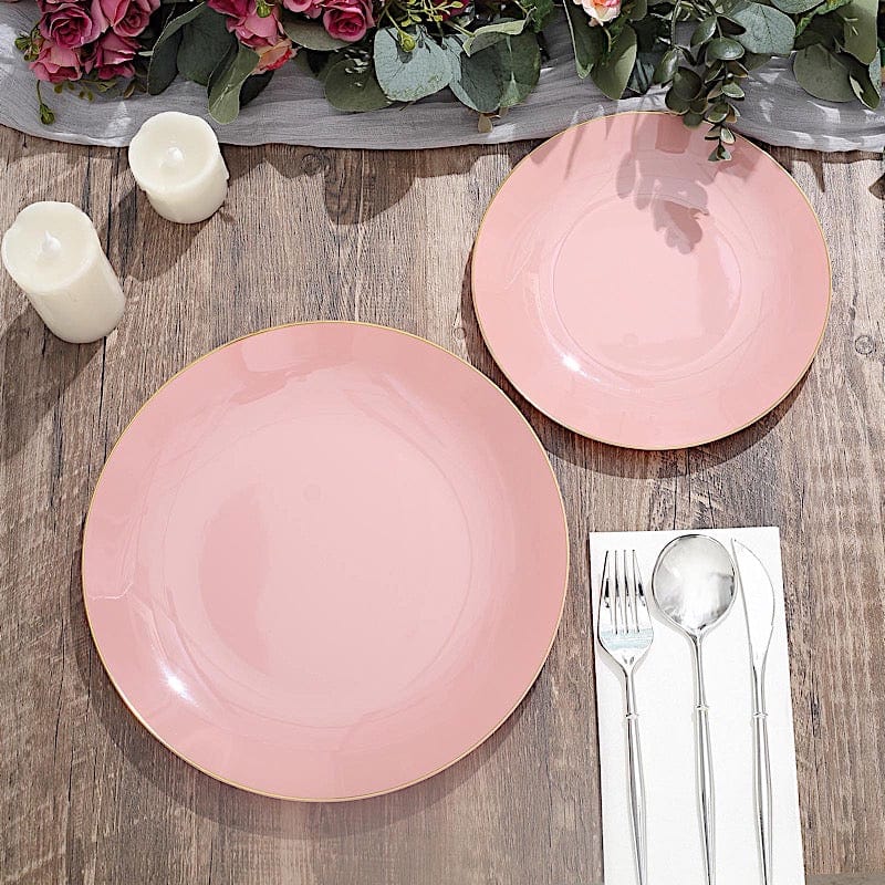 10 Glossy Round Plastic Salad and Dinner Plates with Gold Rim - Disposable Tableware