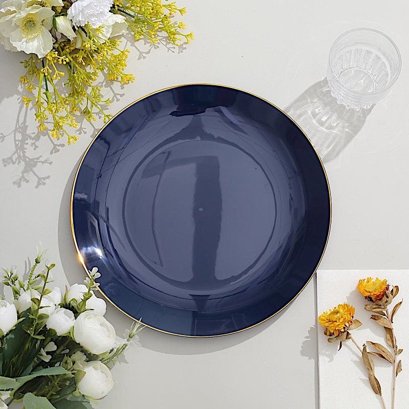 10 Glossy Round Plastic Salad and Dinner Plates with Gold Rim - Disposable Tableware