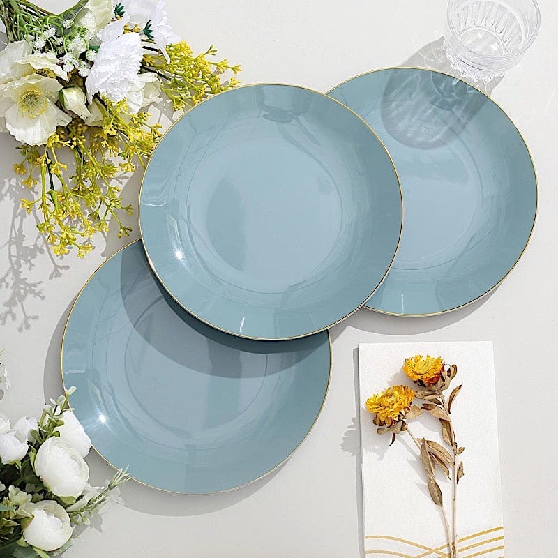10 Glossy Round Plastic Salad and Dinner Plates with Gold Rim - Disposable Tableware