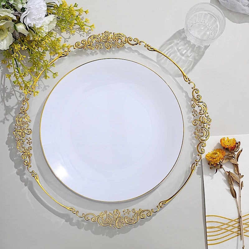 10 Glossy Round Plastic Salad and Dinner Plates with Gold Rim - Disposable Tableware