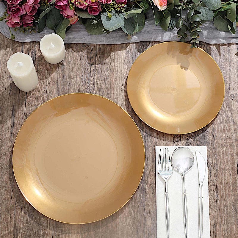 10 Glossy Round Plastic Salad and Dinner Plates with Gold Rim - Disposable Tableware