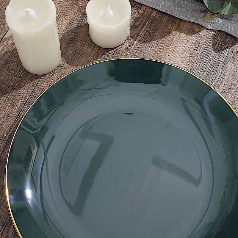 10 Glossy Round Plastic Salad and Dinner Plates with Gold Rim - Disposable Tableware