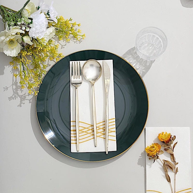10 Glossy Round Plastic Salad and Dinner Plates with Gold Rim - Disposable Tableware