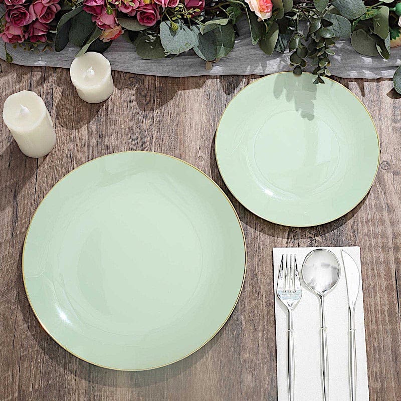 10 Glossy Round Plastic Salad and Dinner Plates with Gold Rim - Disposable Tableware