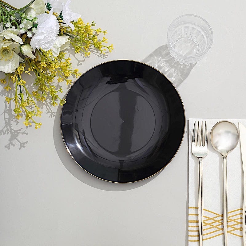 10 Glossy Round Plastic Salad and Dinner Plates with Gold Rim - Disposable Tableware