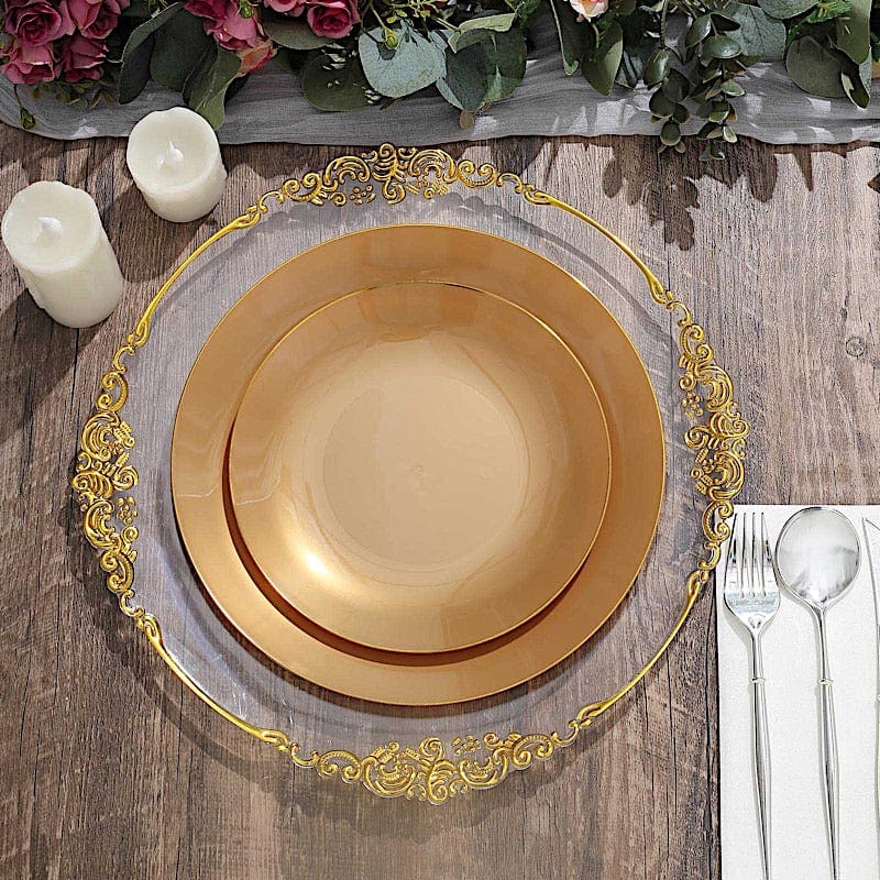 10 Glossy Round Plastic Salad and Dinner Plates with Gold Rim - Disposable Tableware