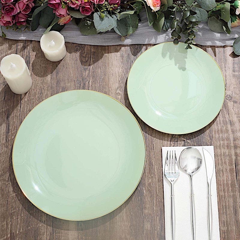 10 Glossy Round Plastic Salad and Dinner Plates with Gold Rim - Disposable Tableware
