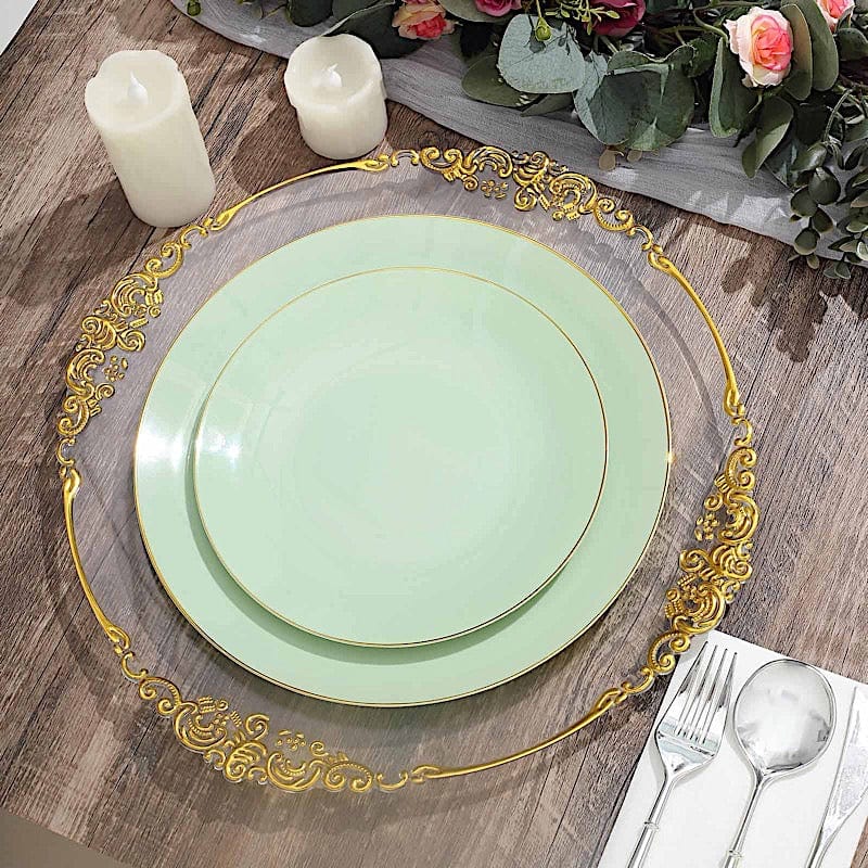 10 Glossy Round Plastic Salad and Dinner Plates with Gold Rim - Disposable Tableware