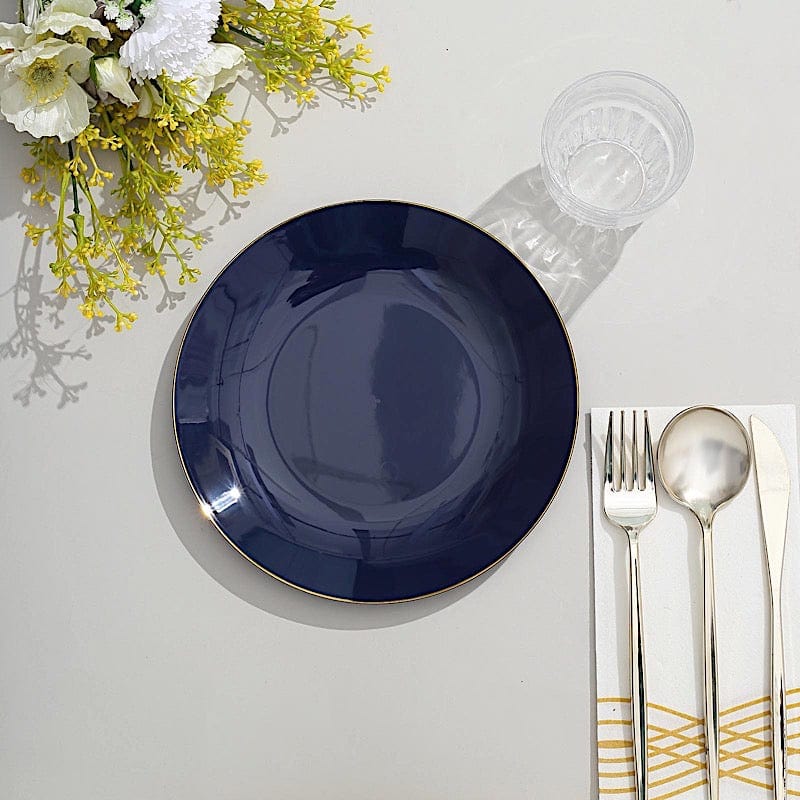 10 Glossy Round Plastic Salad and Dinner Plates with Gold Rim - Disposable Tableware