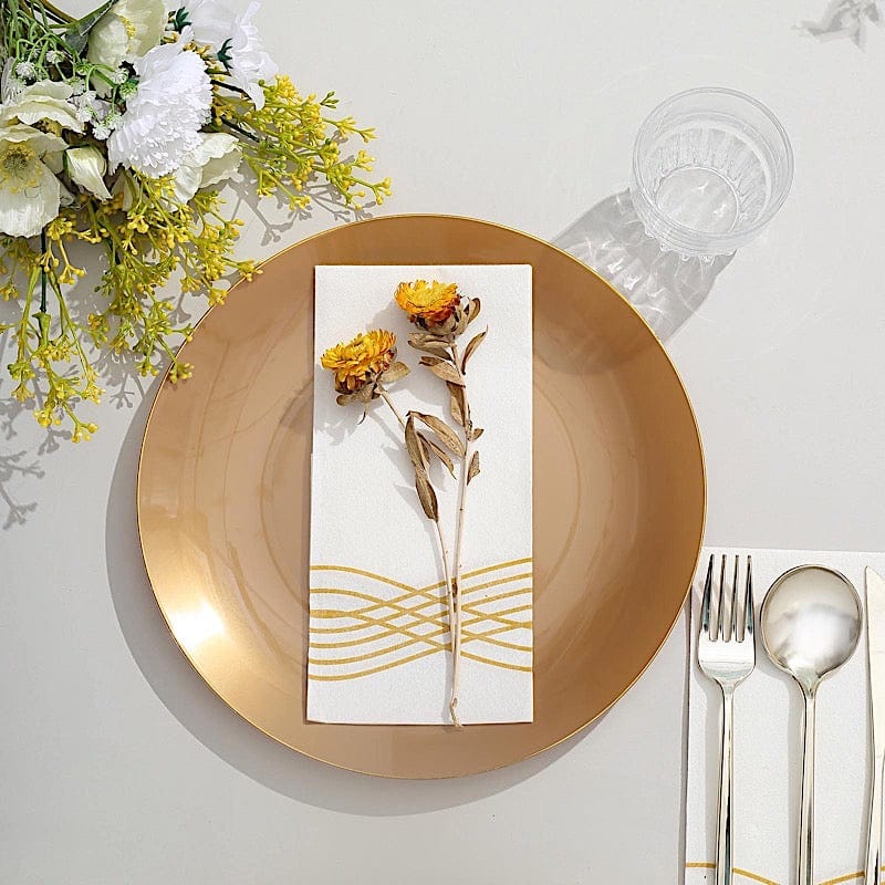10 Glossy Round Plastic Salad and Dinner Plates with Gold Rim - Disposable Tableware