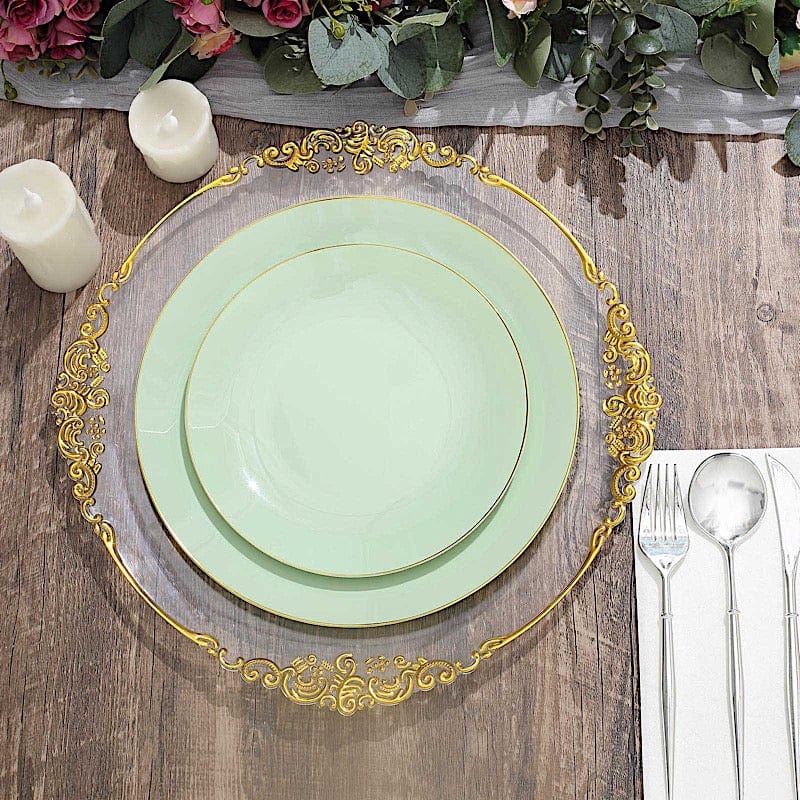 10 Glossy Round Plastic Salad and Dinner Plates with Gold Rim - Disposable Tableware