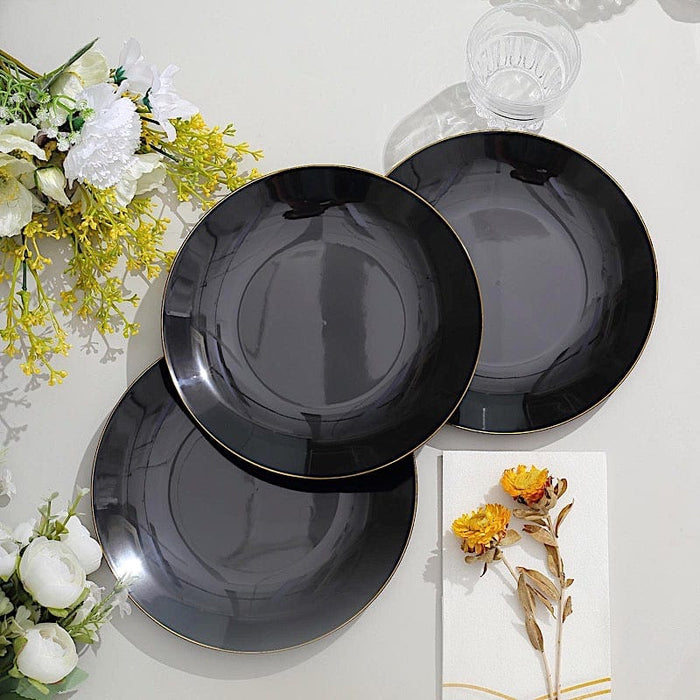 10 Glossy Round Plastic Salad and Dinner Plates with Gold Rim - Disposable Tableware