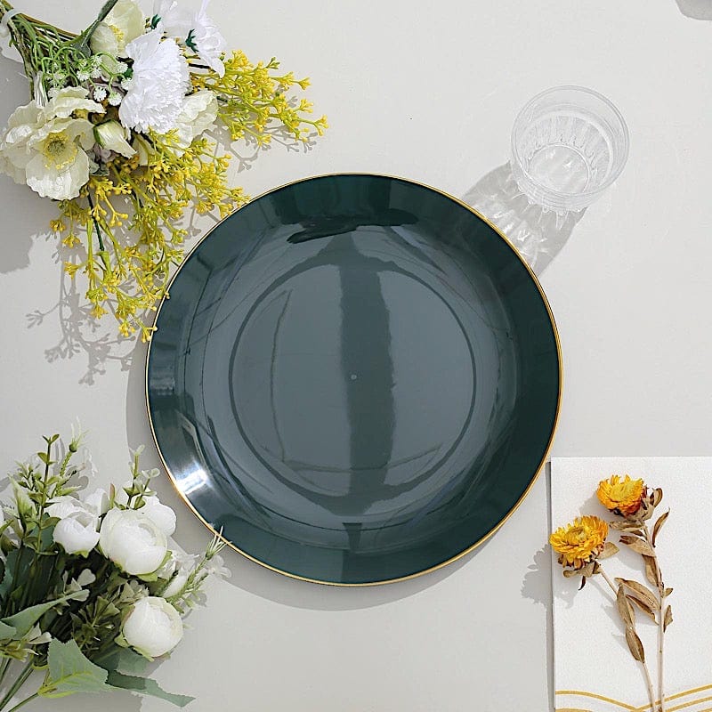 10 Glossy Round Plastic Salad and Dinner Plates with Gold Rim - Disposable Tableware