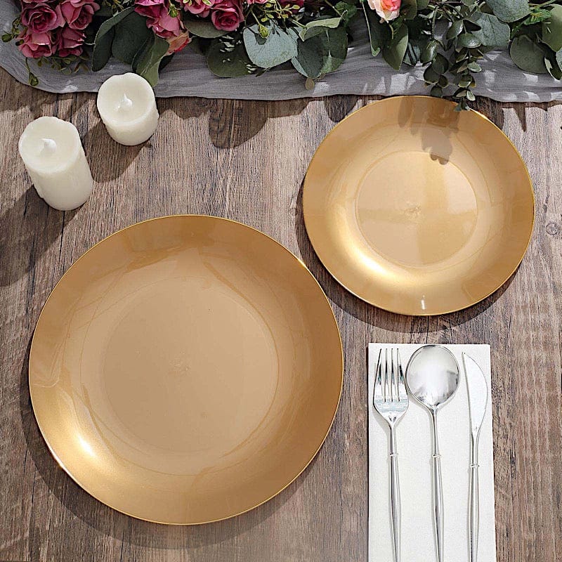 10 Glossy Round Plastic Salad and Dinner Plates with Gold Rim - Disposable Tableware