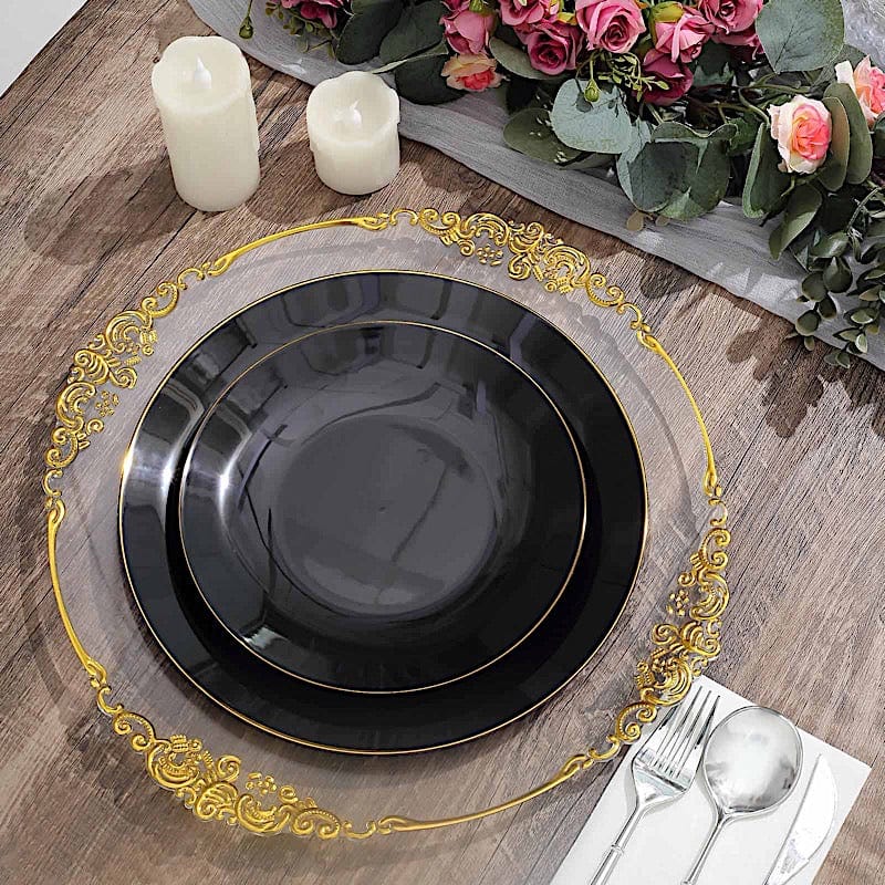 10 Glossy Round Plastic Salad and Dinner Plates with Gold Rim - Disposable Tableware