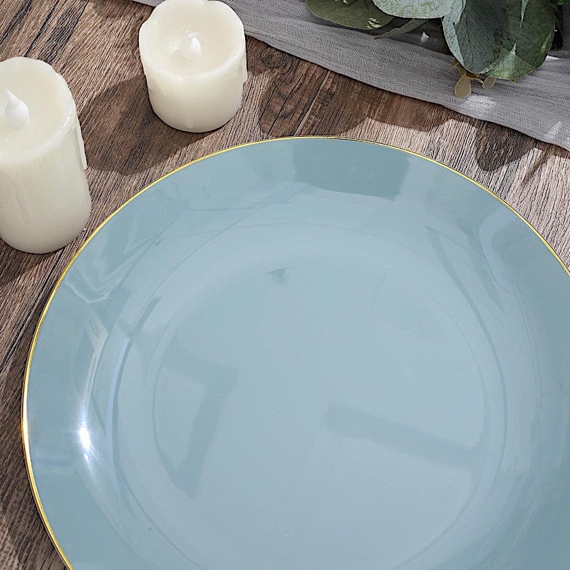 10 Glossy Round Plastic Salad and Dinner Plates with Gold Rim - Disposable Tableware