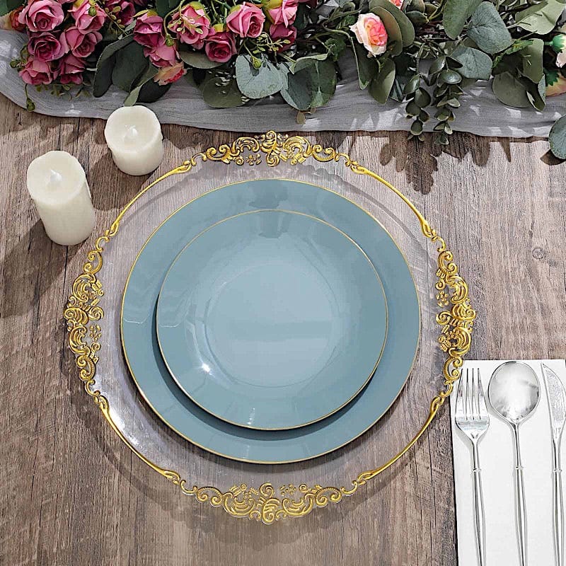 10 Glossy Round Plastic Salad and Dinner Plates with Gold Rim - Disposable Tableware