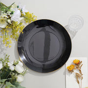 10 Glossy Round Plastic Salad and Dinner Plates with Gold Rim - Disposable Tableware