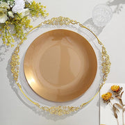 10 Glossy Round Plastic Salad and Dinner Plates with Gold Rim - Disposable Tableware