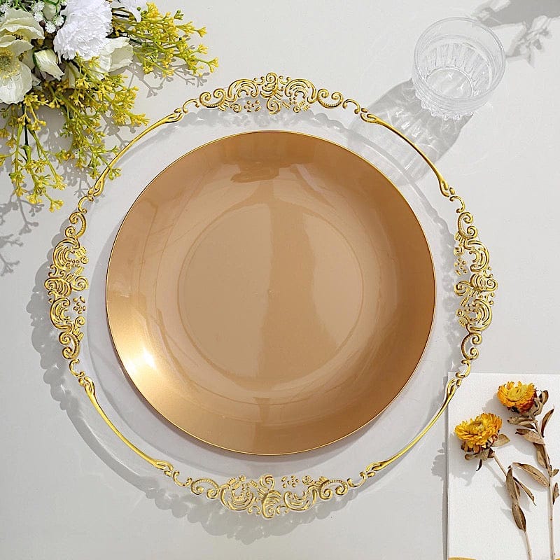 10 Glossy Round Plastic Salad and Dinner Plates with Gold Rim - Disposable Tableware