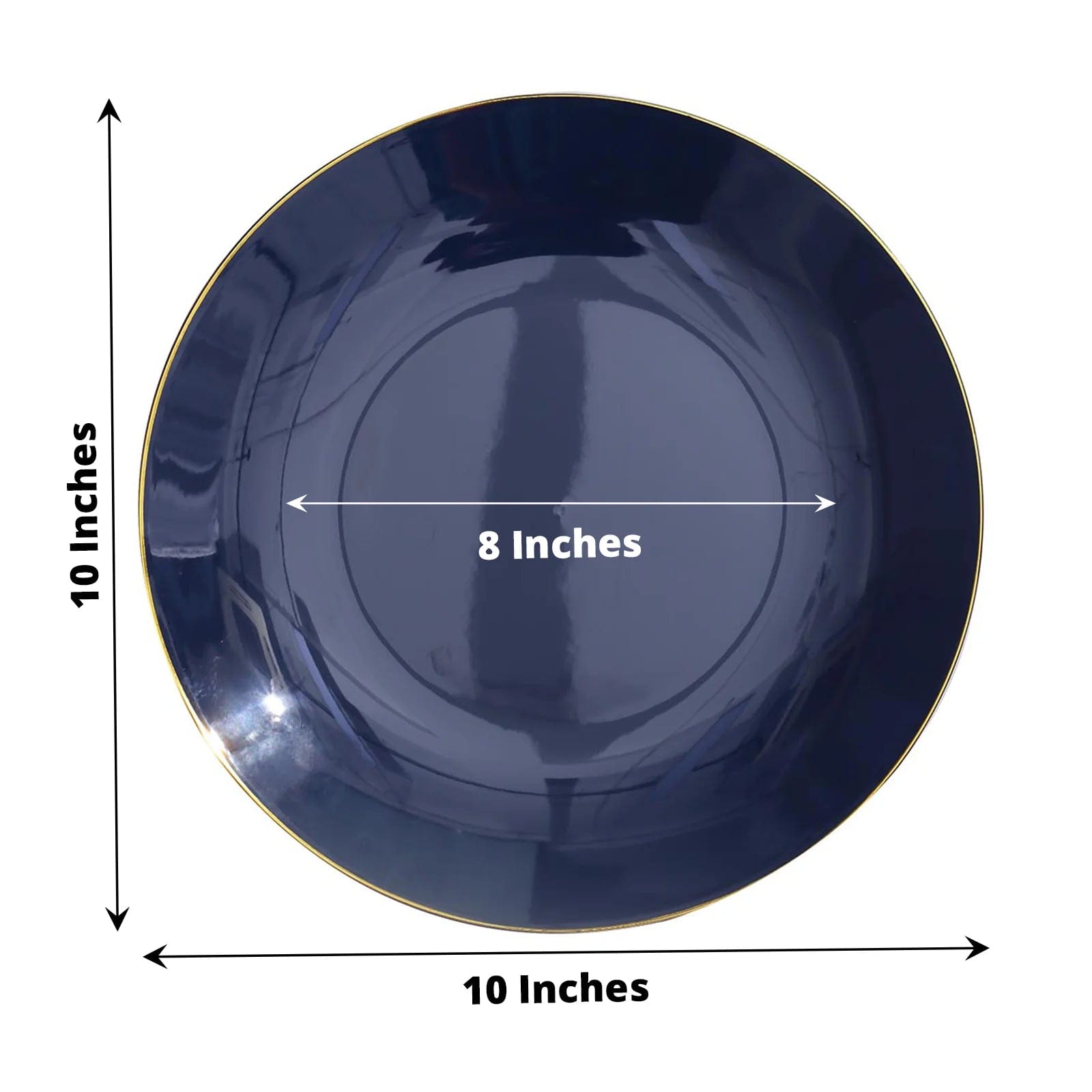 10 Glossy Round Plastic Salad and Dinner Plates with Gold Rim - Disposable Tableware