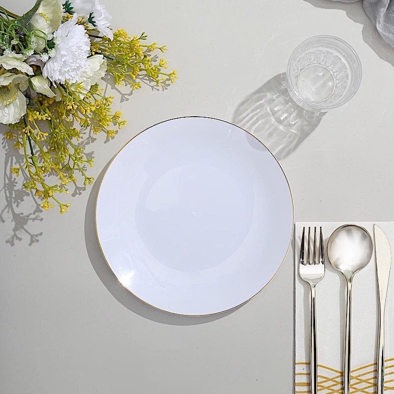 10 Glossy Round Plastic Salad and Dinner Plates with Gold Rim - Disposable Tableware