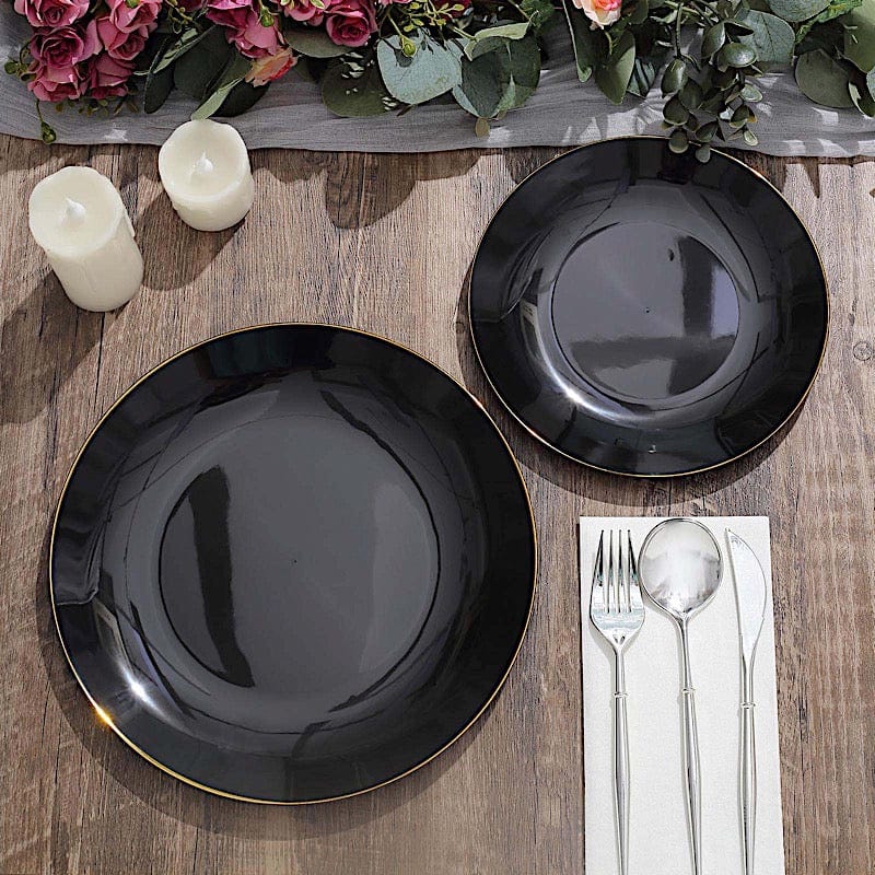 10 Glossy Round Plastic Salad and Dinner Plates with Gold Rim - Disposable Tableware