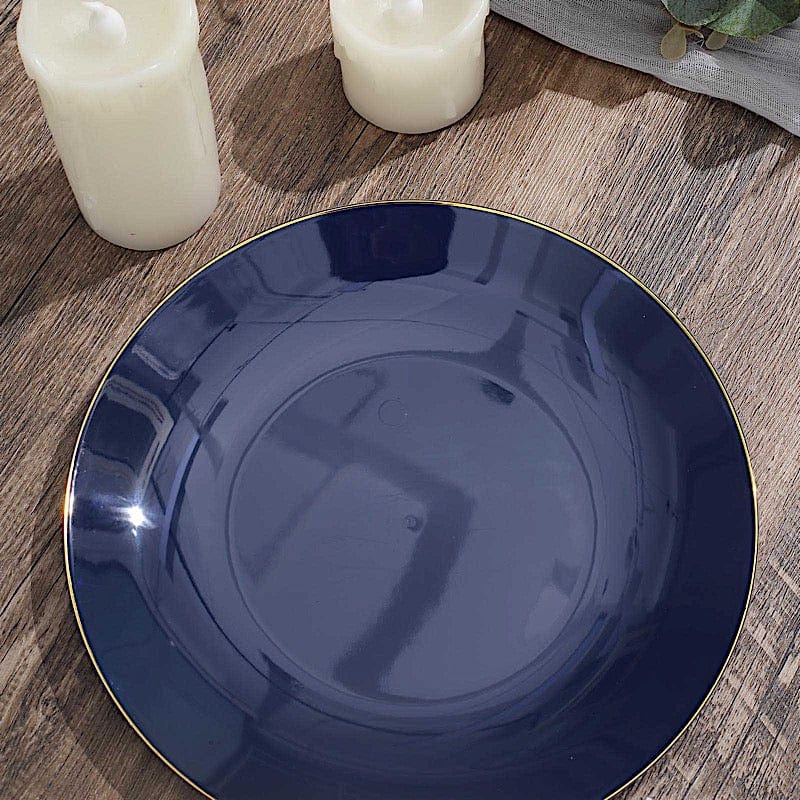 10 Glossy Round Plastic Salad and Dinner Plates with Gold Rim - Disposable Tableware