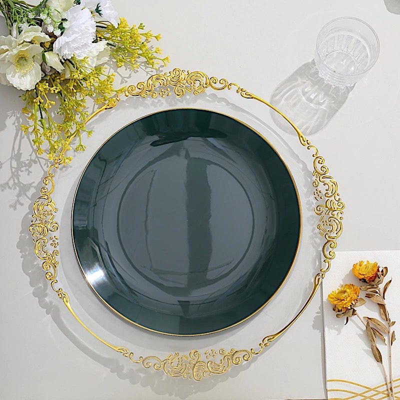 10 Glossy Round Plastic Salad and Dinner Plates with Gold Rim - Disposable Tableware