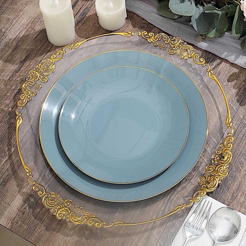 10 Glossy Round Plastic Salad and Dinner Plates with Gold Rim - Disposable Tableware