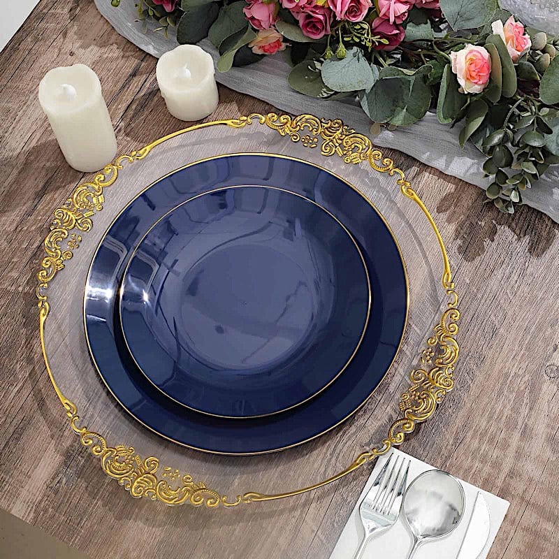 10 Glossy Round Plastic Salad and Dinner Plates with Gold Rim - Disposable Tableware