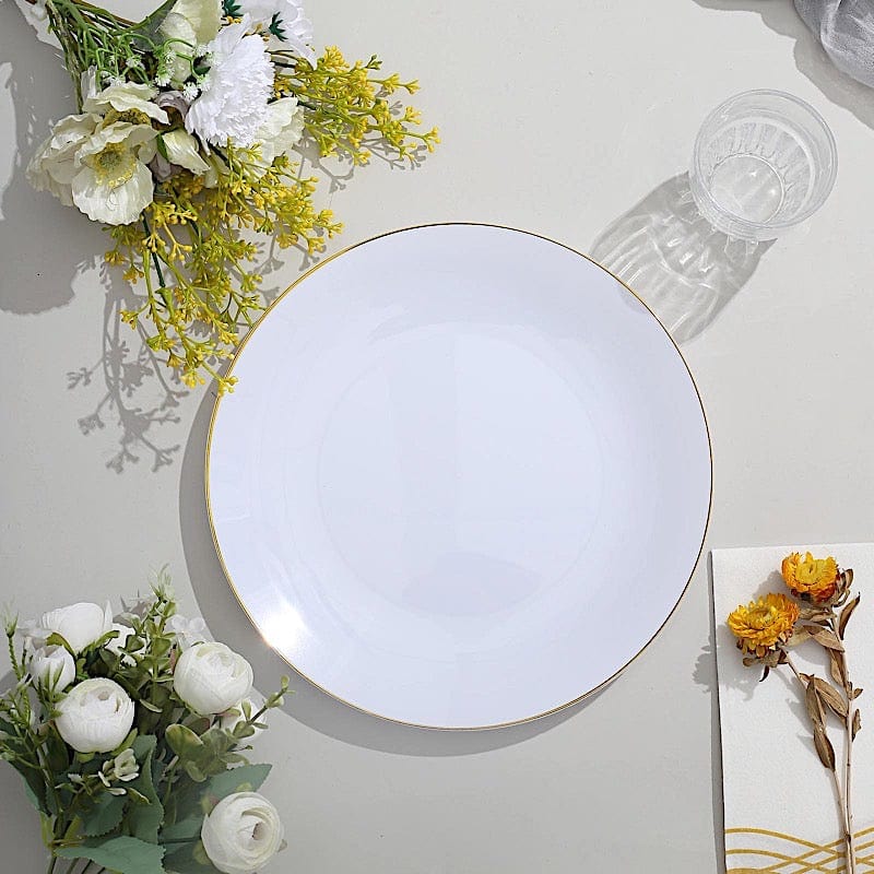 10 Glossy Round Plastic Salad and Dinner Plates with Gold Rim - Disposable Tableware