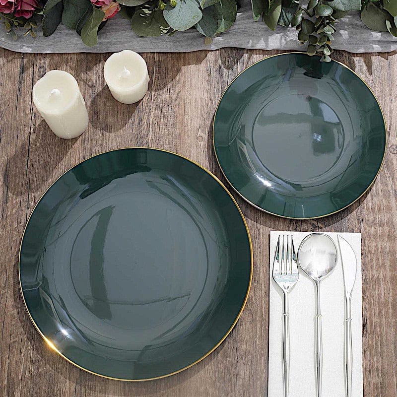 10 Glossy Round Plastic Salad and Dinner Plates with Gold Rim - Disposable Tableware