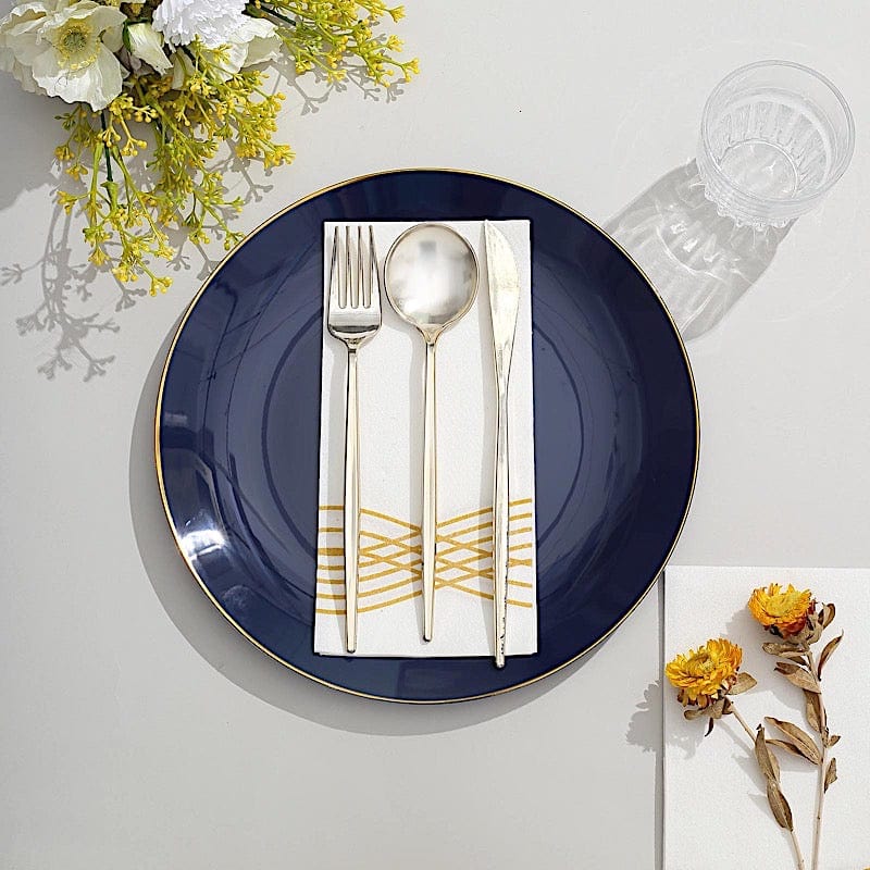 10 Glossy Round Plastic Salad and Dinner Plates with Gold Rim - Disposable Tableware