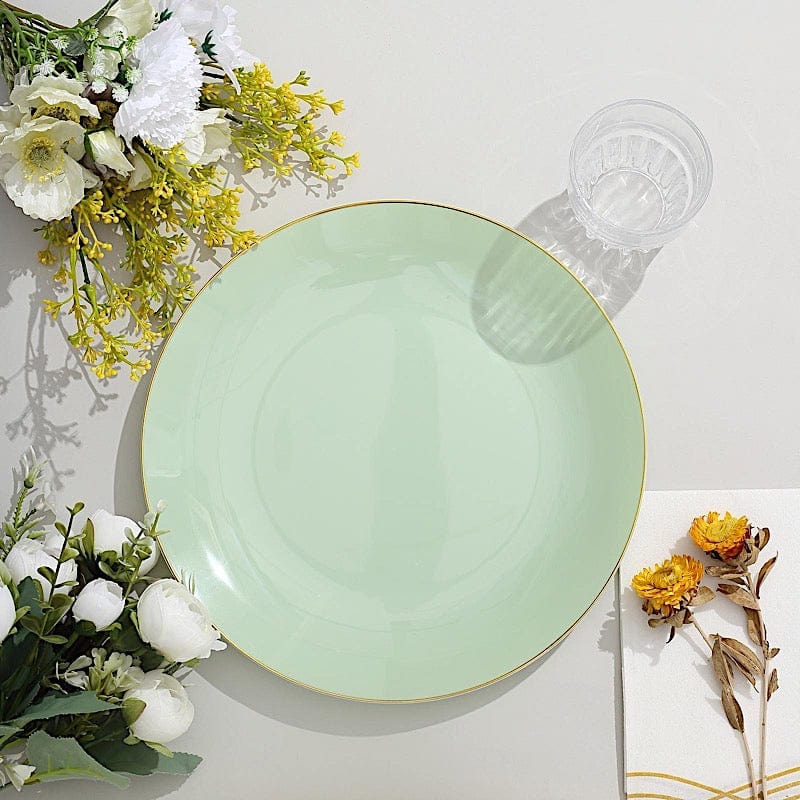 10 Glossy Round Plastic Salad and Dinner Plates with Gold Rim - Disposable Tableware