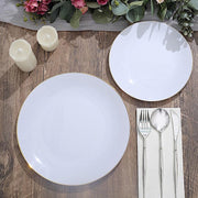 10 Glossy Round Plastic Salad and Dinner Plates with Gold Rim - Disposable Tableware