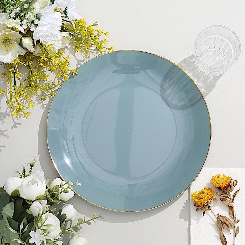 10 Glossy Round Plastic Salad and Dinner Plates with Gold Rim - Disposable Tableware