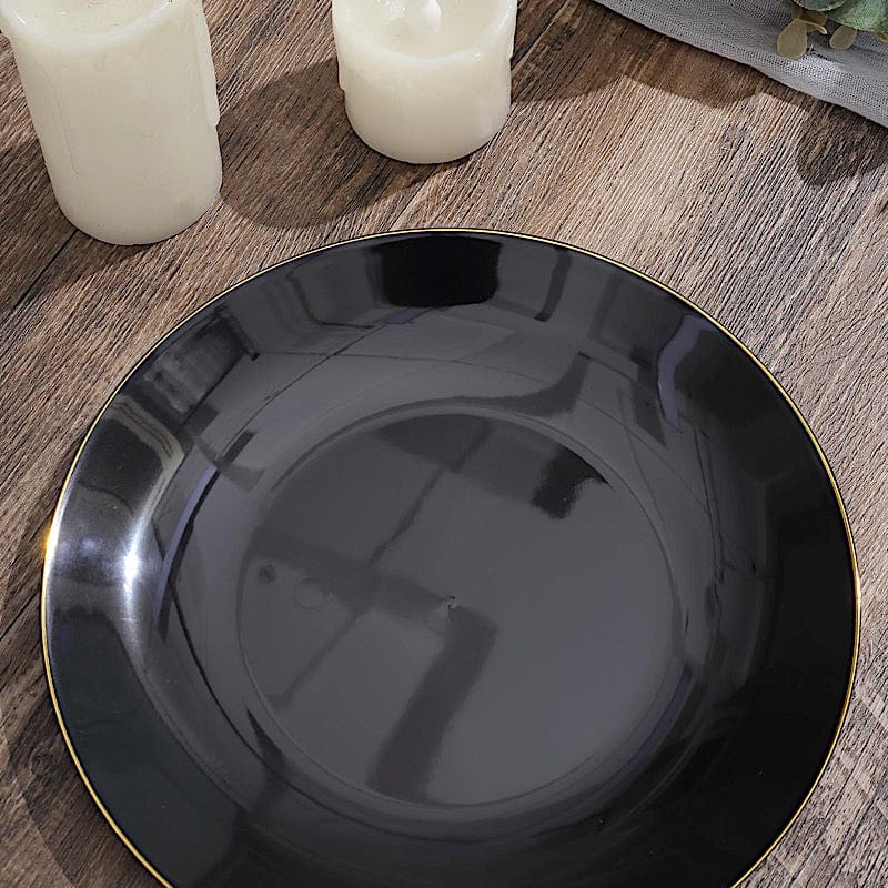 10 Glossy Round Plastic Salad and Dinner Plates with Gold Rim - Disposable Tableware
